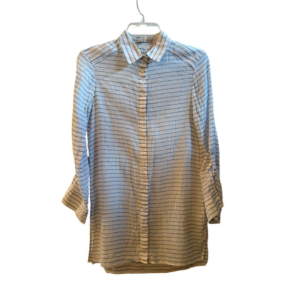 Alice + Olivia Tops - Alice + Olivia Blue White Striped Linen Blend Tunic Button Shirt Coastal Small